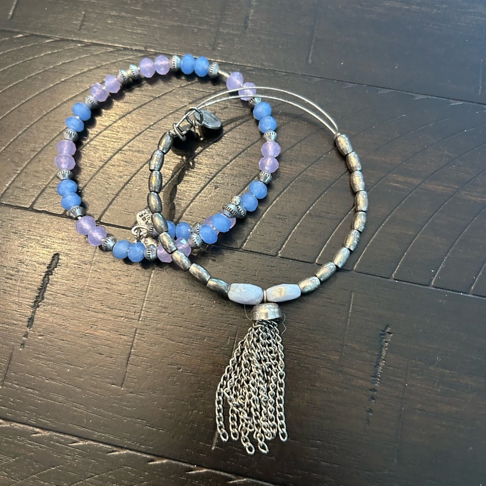 Alex and Ani Silver Tassel Bracelet Stack with Blue and Lavender Beads